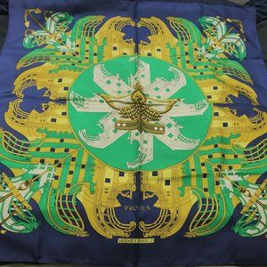HERMES Scarf 100% Silk "PROUES" Navy Multi Color